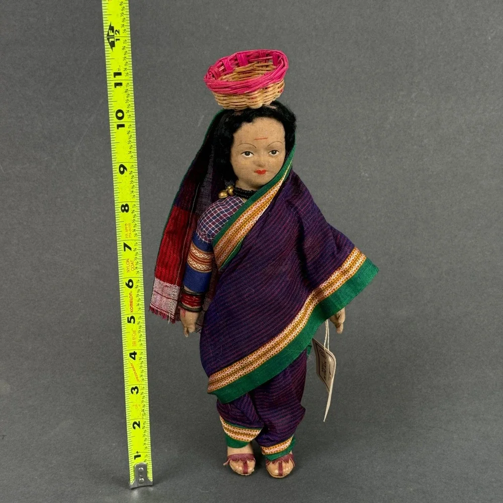 Vtg Indian Handmade Cloth Doll Woman in Traditional Dress Basket 11